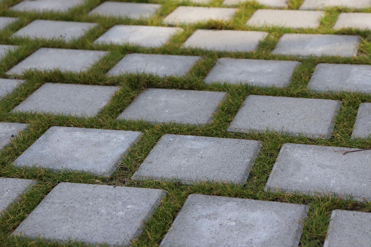 Close-up of gray concrete patio pavers
