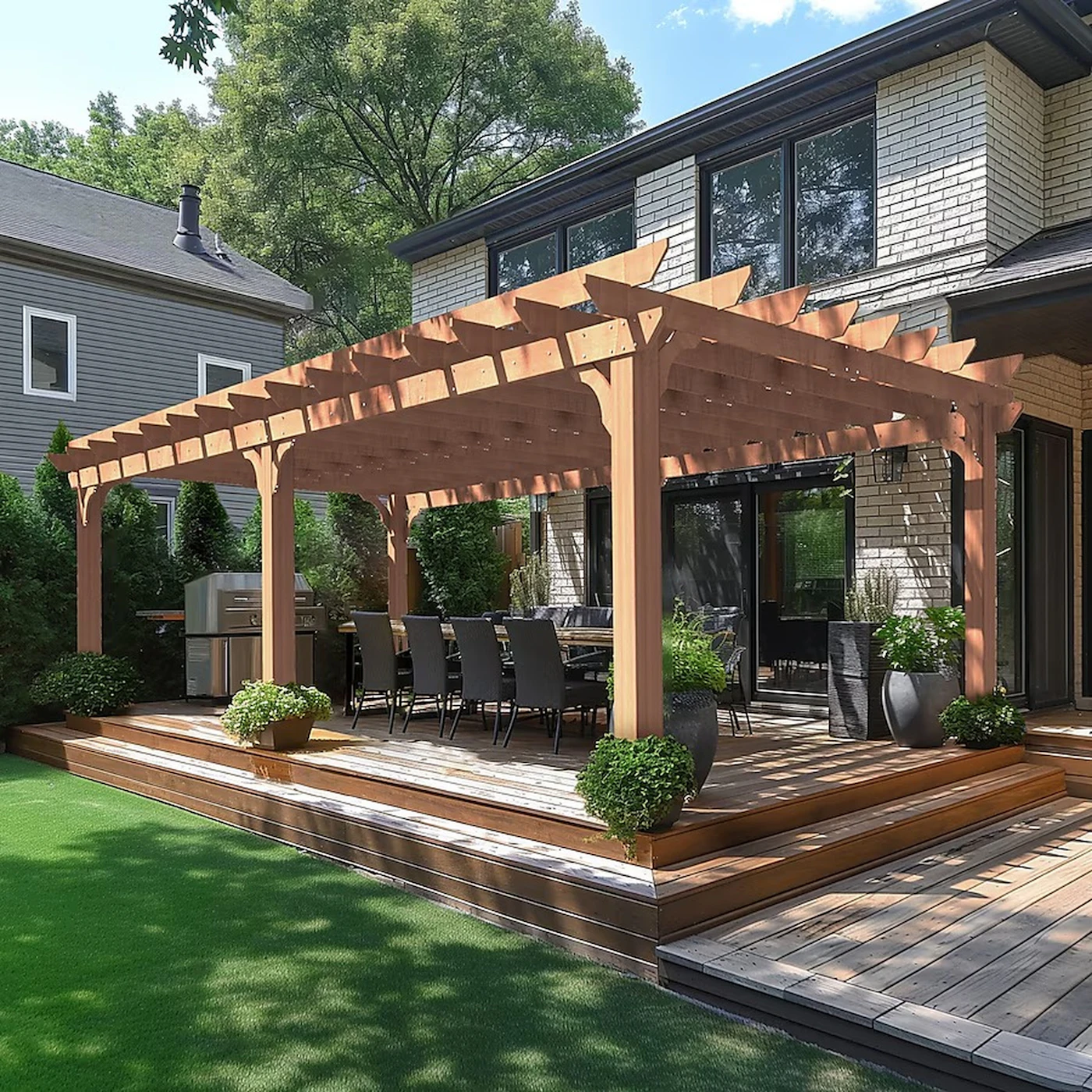 Pergola over a backyard patio with outdoor dining and a grill