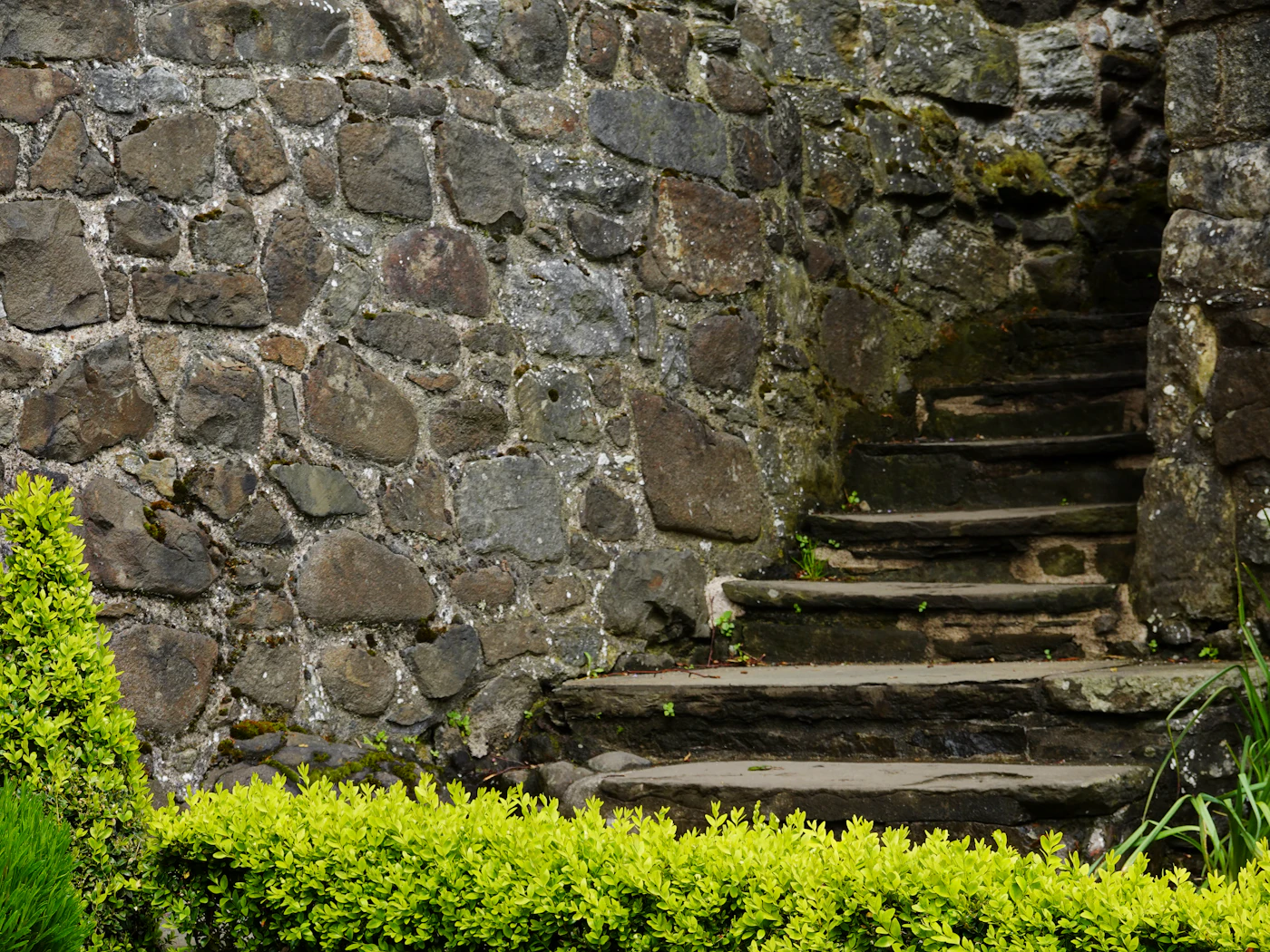 Stone retaining wall with built-in steps and plantings